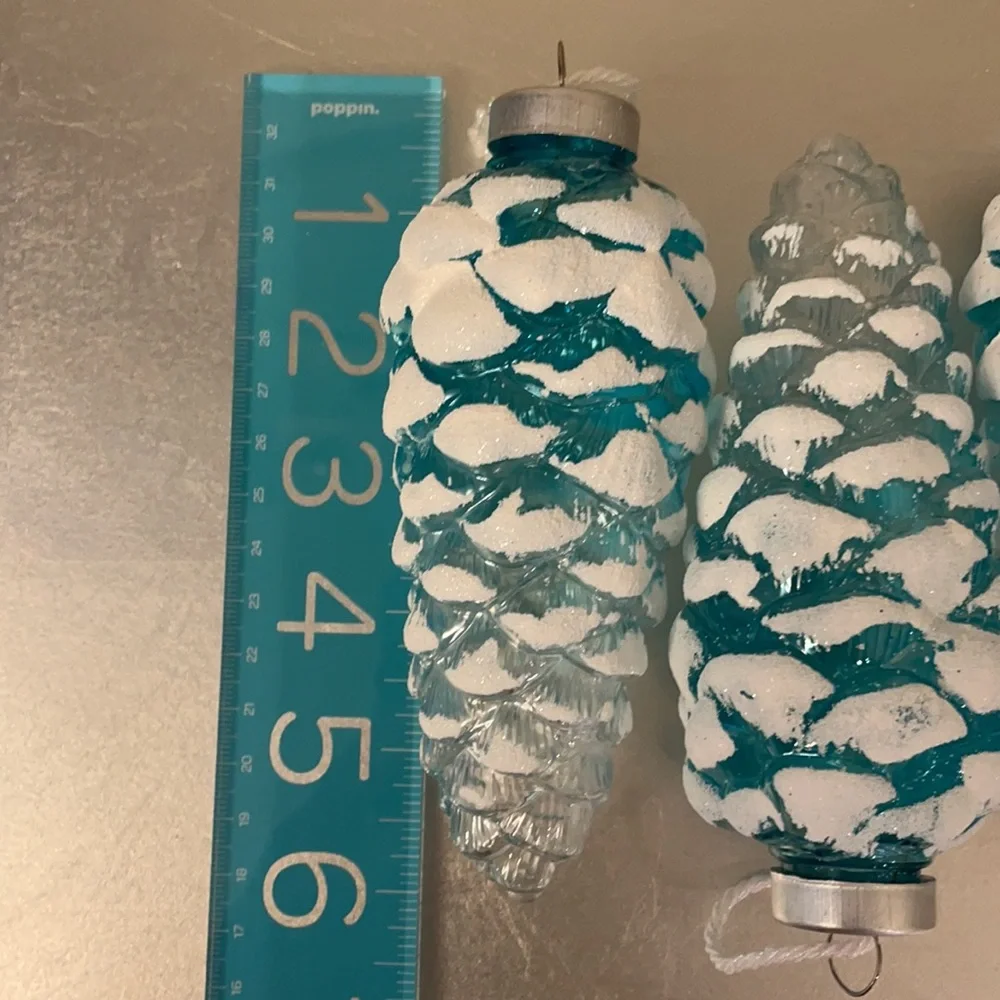 4 Shatterproof Turquoise Glitter-Frosted Pinecone Ornaments